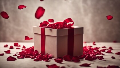 A floating red box releases rose petals into the air as a ribbon unwinds gracefully.