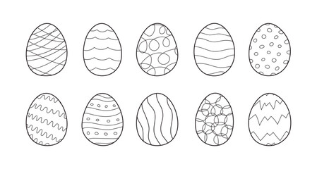 Set of Easter eggs in doodle outline style. Holiday food is Decorated with Abstract lines, waves and other patterns. Hand drawn vector illustration in contour