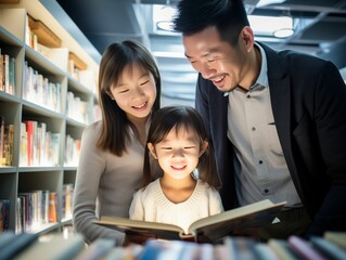 A family is looking at books in a library