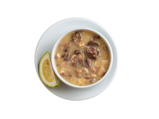 Traditional delicious Turkish food, Turkish traditional tripe soup; iskembe corbasi and offal soup, Turkish Meat Soup Kelle Paca (Turkish name; Kelle paca corbasi)