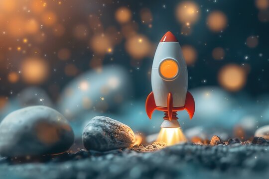 Cartoon businessman and his rocket symbolizing success portrayed minimally in a whimsical