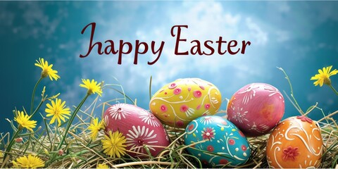Easter colorful eggs and flowers, blue background. Text  "Happy Easter".
