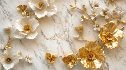 Fototapeta na wymiar light golden abstract marble wallpaper jewelry flowers Generative AI