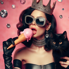 Attractive luxury lady with crown, with retro sunglasses, holding an ice cream generative ai