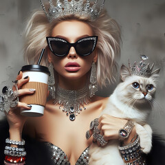Attractive luxury lady with crown, with retro sunglasses, holding an ice cream generative ai