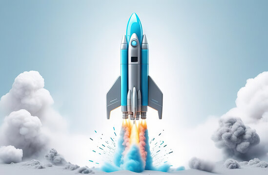 3D illustration spaceship rocket takes off into space,boosty symbol.Backpacks design,school notebooks ,T-shirts or hoodies print.Book cover for children's workbooks or educational materials.