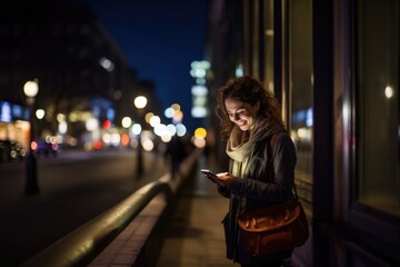 Fototapeta na wymiar Happy young woman reading messages on smartphone in a vibrant night city