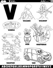 Letter V set with cartoon objects and characters coloring page