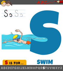letter S worksheet with cartoon swim phrase