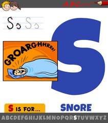 letter S worksheet with cartoon snore phrase