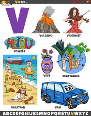 Letter V set with cartoon objects and characters