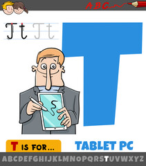 letter T from alphabet with cartoon tablet pc