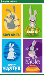 cartoon Easter bunnies with painted eggs greeting cards set