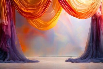 Multi-colored curtains hang from ceiling. Background with theater scenes. Multicolor product display curtains - obrazy, fototapety, plakaty