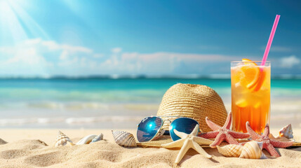 Fototapeta na wymiar Summer holiday background with straw hat, sunglasses, seashell and starfish on the sunny sandy beach