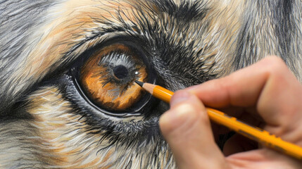 A hand draws an animal eye with a colored pencil - obrazy, fototapety, plakaty