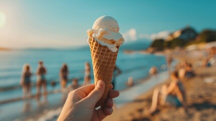 A hand holding an ice cream cone on the beach