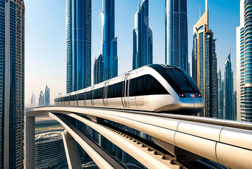 Train on monorail of Dubai modern subway at urban skyscrapers background. Wallpaper of city metropolitan metro in business district desert arabic emirate. Public transport concept. Copy ad text space