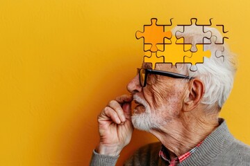 Elderly senior old thinking man suffering from dementia with puzzles on head - obrazy, fototapety, plakaty