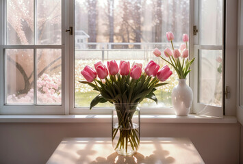 Vibrant and lovely bouquet of pink tulips in transparent vase sits on table against background of window in white room. Bunch of fresh spring flowers, symbol of love and tenderness. Close-up.