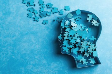 Puzzle in a shape of human head losing pieces as brain damage or loss memory on blue background - obrazy, fototapety, plakaty