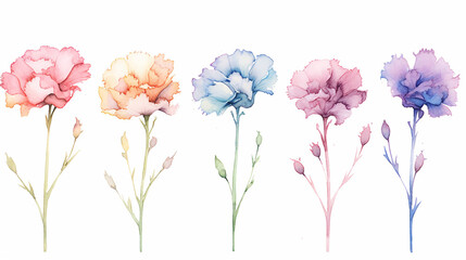 Set floral branch vectors elements for bouquet design. Colorful carnations, tender white Gypsophila, leaves of Eucalyptus Baby Blue Spiral. Bunch with carnations is a symbol of Mother's day Holiday - obrazy, fototapety, plakaty