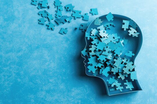 Puzzle in a shape of human head losing pieces as brain damage or loss memory on blue background