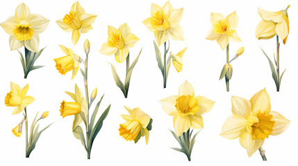 Vector set of yellow daffodils isolated on white background. Early spring garden flowers. Bouquet of narcissuses. Clip art for bright festive greeting card, poster, banner. - obrazy, fototapety, plakaty