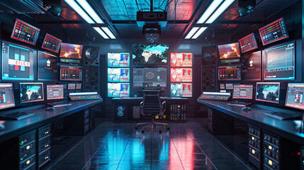 Empty modern broadcast control room, tv station control interior background, Professional video production process