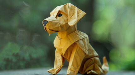 Origami Dog: An origami art piece resembling a dog made entirely out of folded paper is sitting on the ground