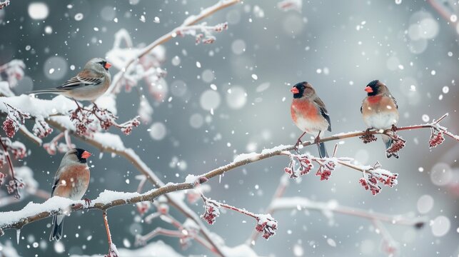 Beautiful winter scenery with European Finch birds delicately perched on snow-laden branches, the heavy snowfall creating a picturesque backdrop