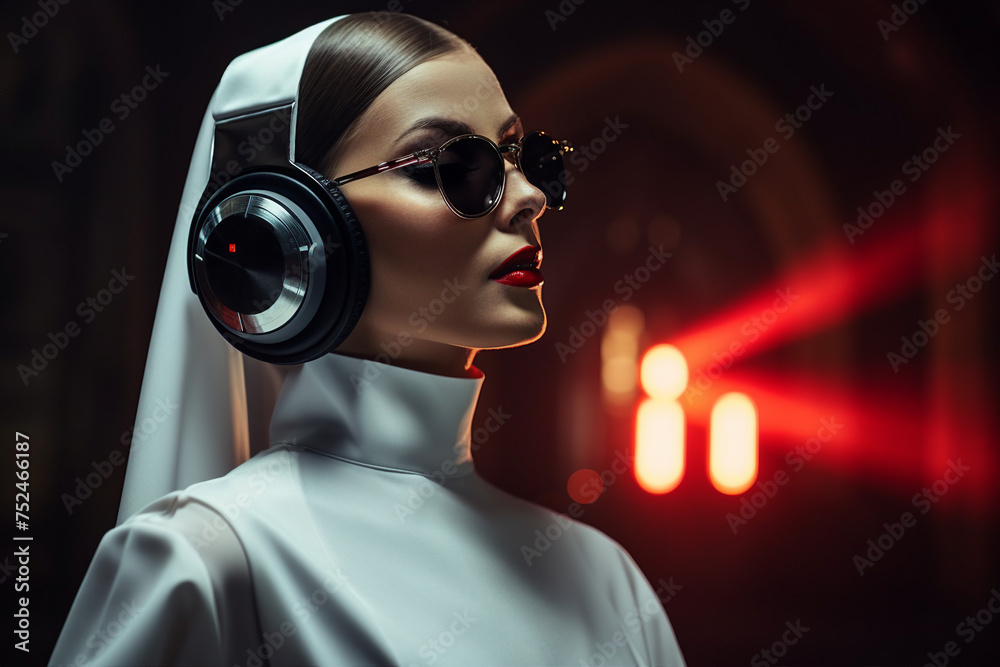 Poster Generated with AI image of young catholic nun praying in church on dark background