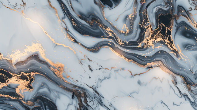 Elegant abstract design with golden swirls flowing through a marble textured background, representing luxury and fluidity, Generative AI