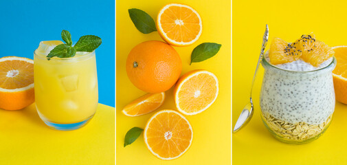 Collage of drink and food with oranges on the blue and yellow background. Close-up.