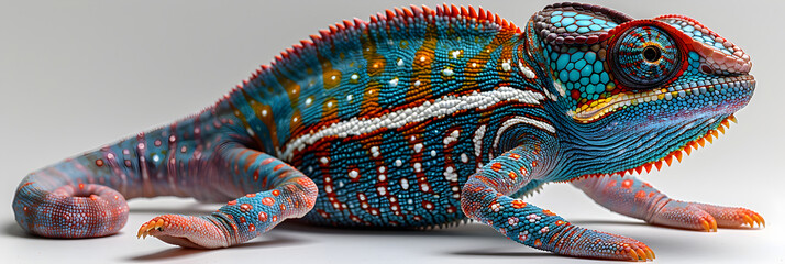 Colourful Chameleon Isolated on White Background,
A colorful chameleon with a blue background.