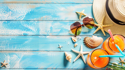 Summer holiday background with straw hat, sunglasses, cold drink and seashells on blue wooden background