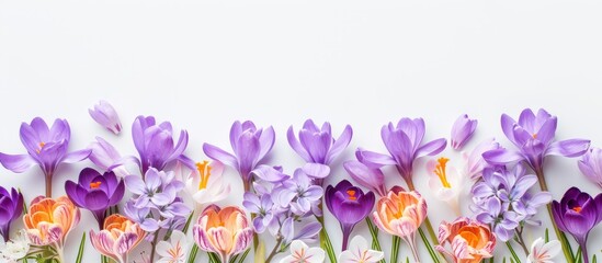 Obraz na płótnie Canvas Beautiful purple crocus flowers blooming on a clean white background