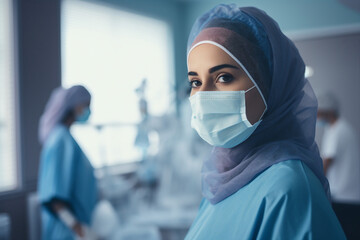 Fototapeta na wymiar Digital generative ai collage of arabian lady doctor in hospital