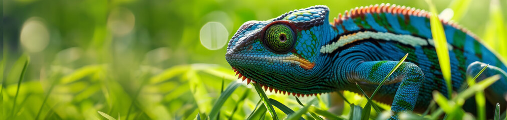 Camaleão azul na grama verde - Panorâmico  - obrazy, fototapety, plakaty