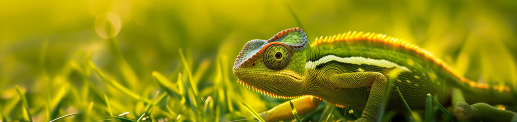 Camaleão amarelo na grama verde - Panorâmico  - obrazy, fototapety, plakaty