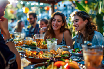 Friends Enjoying Dinner at Outdoor Restaurant with Food and Drinks
