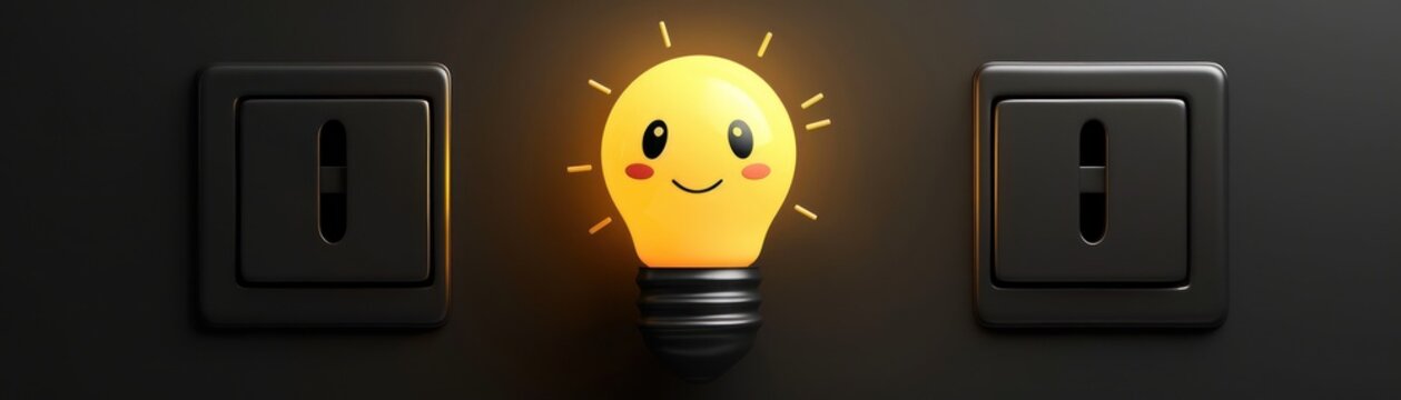  A cartoon light bulb clicks on above a toggle switch symbolizing creative thinking  Against a black background