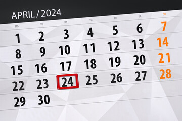 Obraz premium Calendar 2024, deadline, day, month, page, organizer, date, April, wednesday, number 24