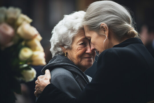 Death And Funeral Concept Family Mourning Two People In Cemetery Farewell Generative AI