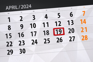 Obraz premium Calendar 2024, deadline, day, month, page, organizer, date, April, friday, number 19