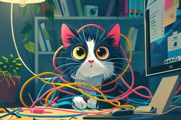  A cartoon data privacy cat tangled in colorful wires