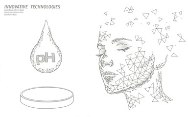  Healthy skin care pH low poly sphere bubble. Health supplement female face anti-aging beauty cosmetics banner template. 3D coenzyme acids. Medicine science vector illustration