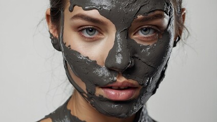 Portrait of a young woman with a black mask on her face, the concept of salon skincare
