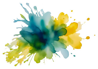 Multicolored abstract cloud splash in green, blue, turquoise and yellow. Ethereal watercolor background isolated on white.  - 752469199