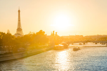 Beautiful sunset with Eiffel Tower and Seine river in Paris, France - 752469310